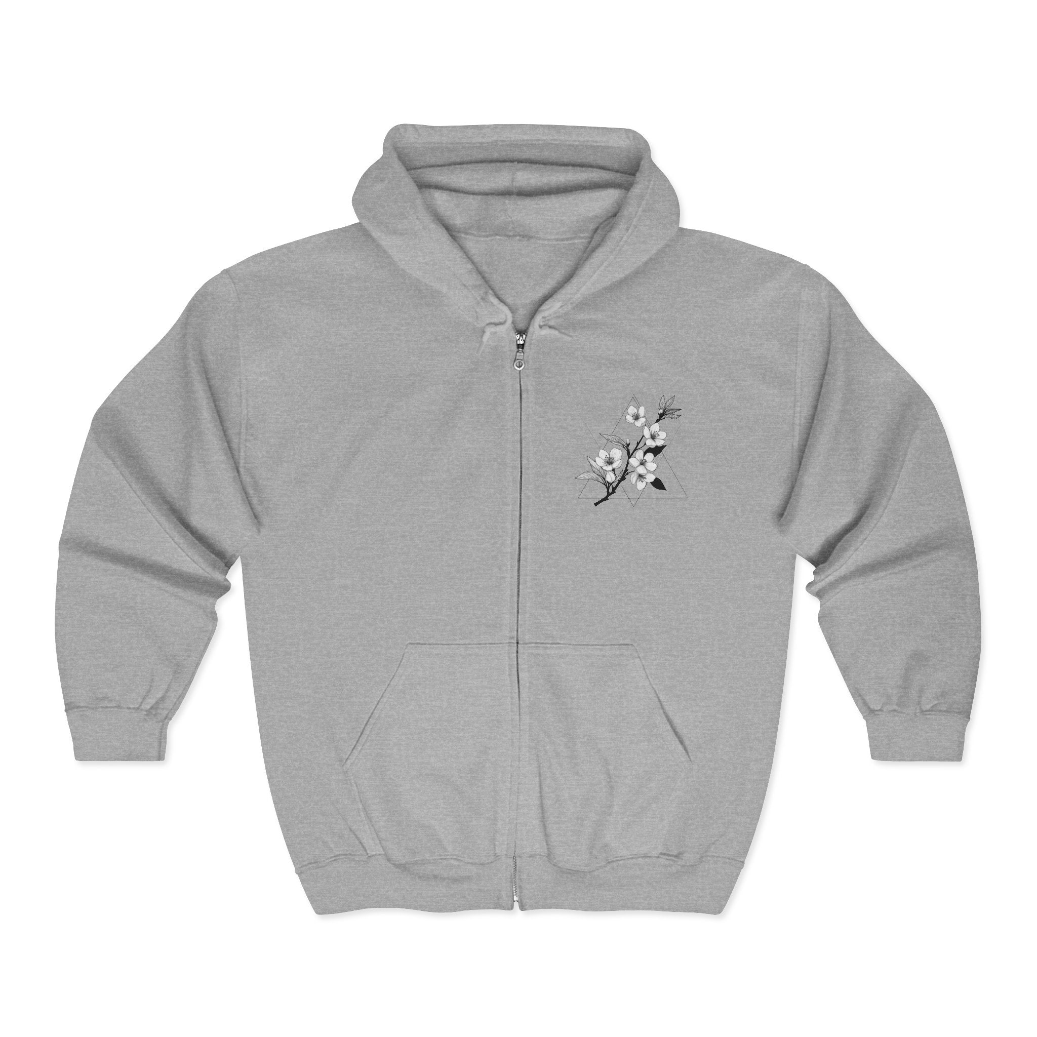 Floral Branch Zip Hoodie — Minimal Cherry Blossom Chest Design