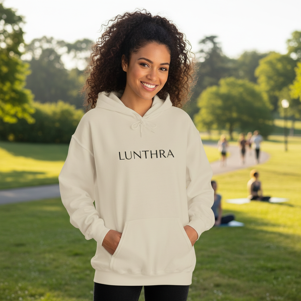 Lunthra Minimalist Logo Hoodie — Neutral Cozy Pullover