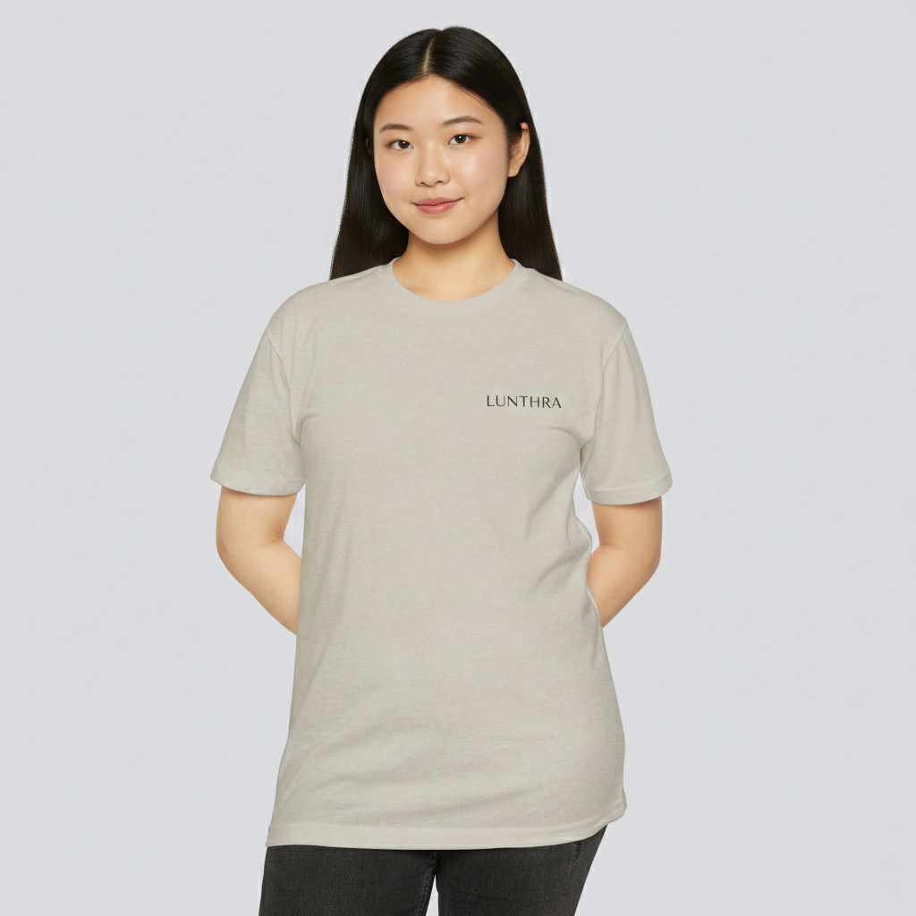 Minimal 'Lunthra' Chest Logo T-Shirt Soft Neutral Graphic Tee